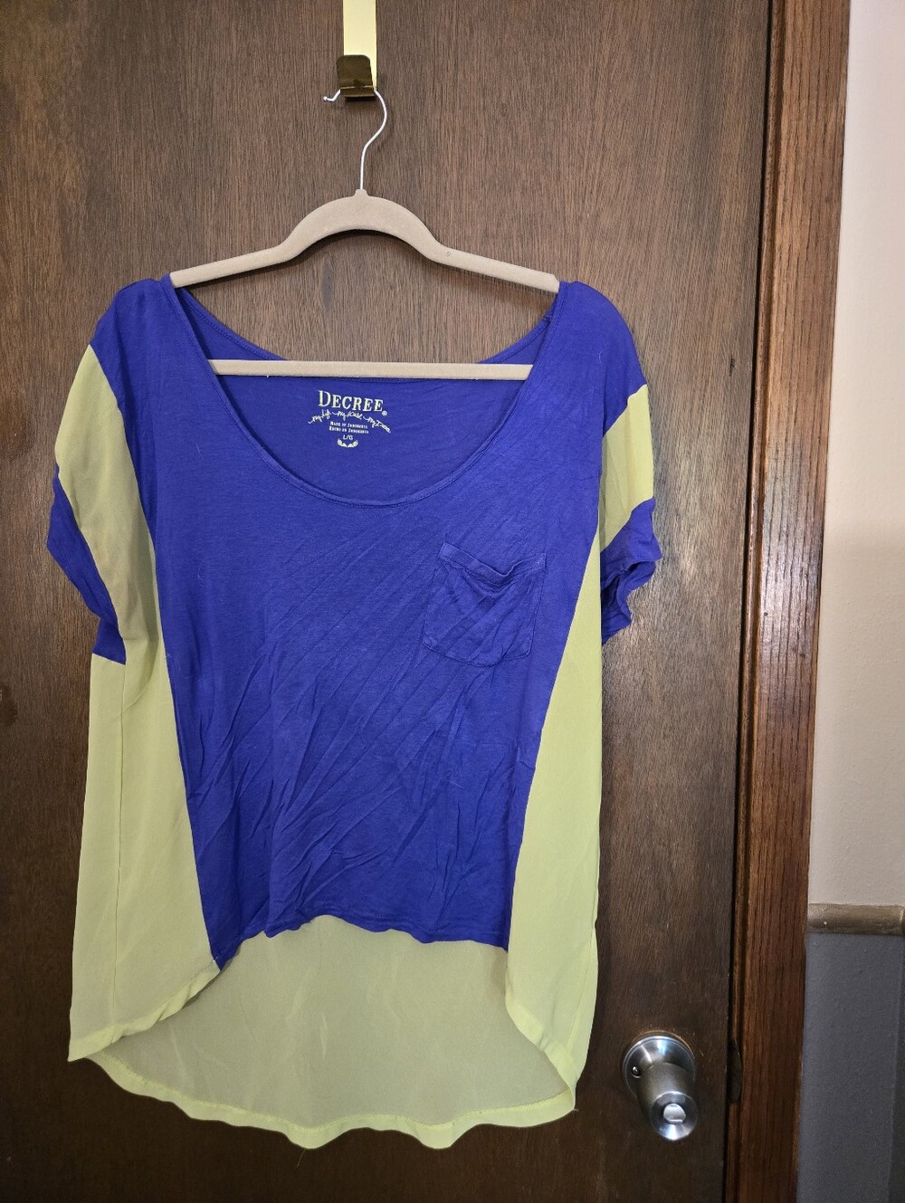 Decree Purple and Neon Green Short Sleeve Scoop Neck Top Large